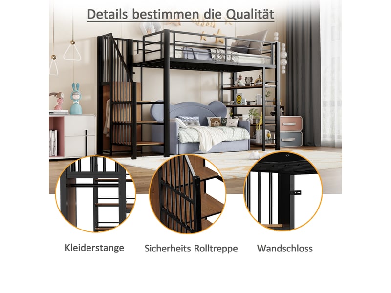  Lit mezzanine 90*200 en métal noir avec échelle sécurisée, rangements et penderie  - Conforama E
