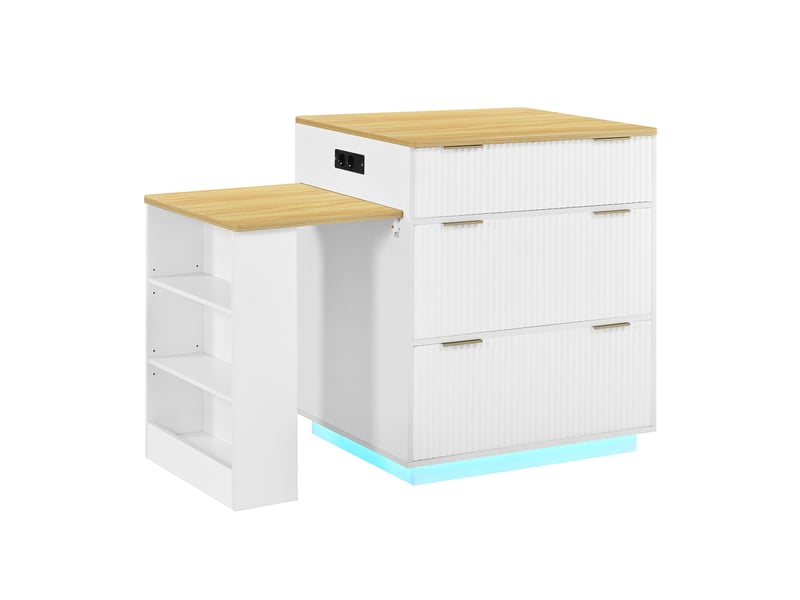  Desserte de cuisine extensible avec 4 tiroirs, étagères réglables, led et prises usb pour cuisine et salle à manger, blanche  - Conforama A