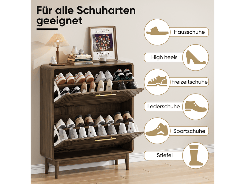  Meuble à chaussures 95x24x80 cm, armoire entrée mdf couleur noyer, design farmhouse avec poignées dorées et pieds en bois massif  - Conforama W