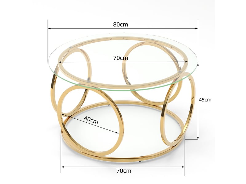  Table basse plateau en verre table de salon forme ronde cadre métal chromé finition dorée  - Conforama C