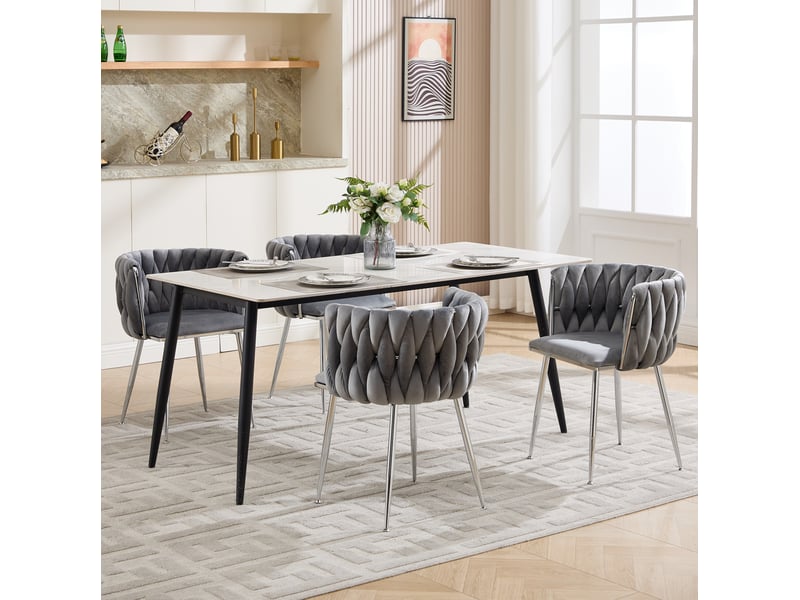  Lot de 2 chaises de salle à manger avec revêtement en velours  grises, piètement en métal argenté  - Conforama E