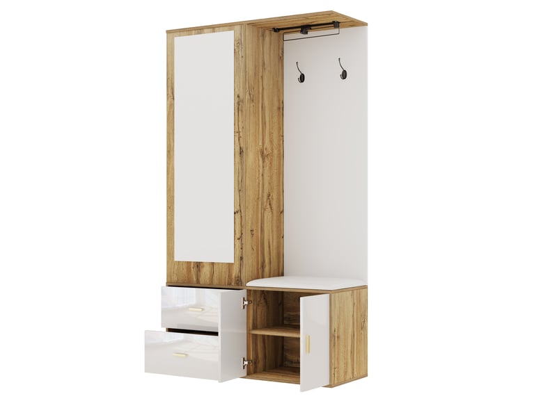  Armoire avec 2 portes,2 tiroirs,miroir,crochets,tringle à vêtements extensible,meuble à chaussures et banc à chaussures,blanc+naturel armoire blanc - Conforama E