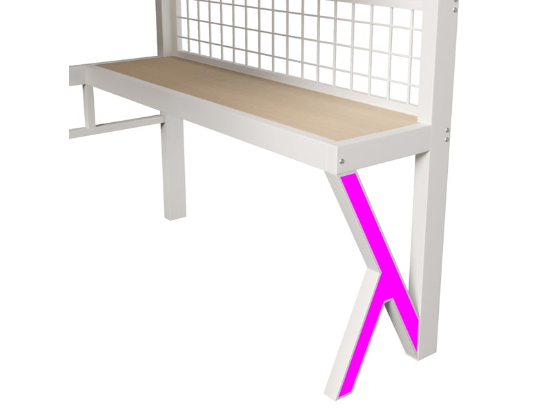 Lit mezzanine 140 × 200 cm, bureau intégré, rangements, panneau grillagé et éclairage led, en métal et mdf, blanc - Conforama E