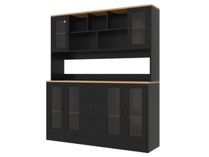 Colonne cuisine 150x40x173 cm, armoire haute avec led et prises, rangement avec 6 portes acrylique et 3 tiroirs, vitrine pour salon et salle à manger