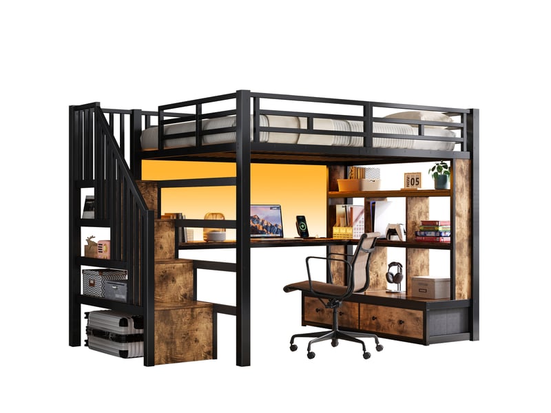  Lit mezzanine 140x200 cm noir en métal et mdf avec bureau, rangements et led  - Conforama A