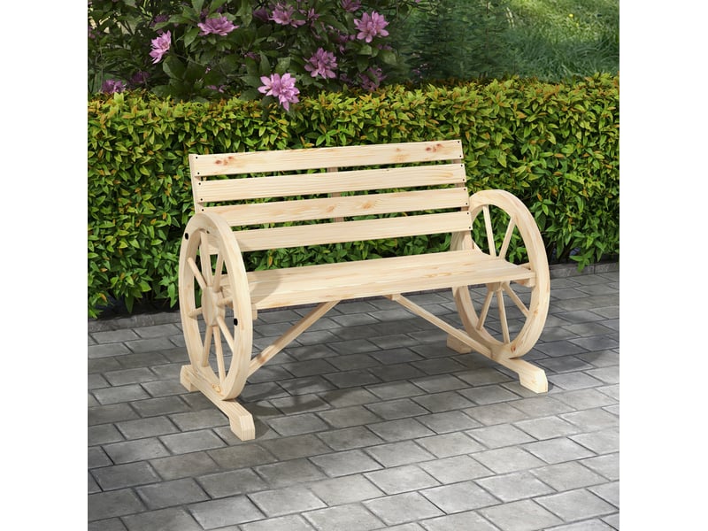  Banc de jardin 2 places 105,5x56 cm – bois naturel – accoudoirs roues, dossier large style campagne  - Conforama B