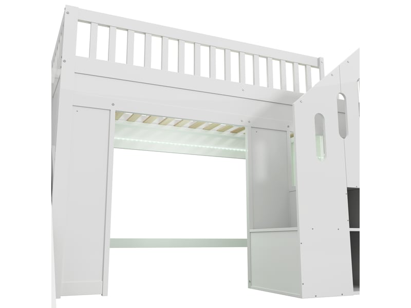 Lit mezzanine enfant 90x200 cm avec toboggan, escalier de rangement, garde-corps et led, pin et mdf, blanc, sans matelas - Conforama D