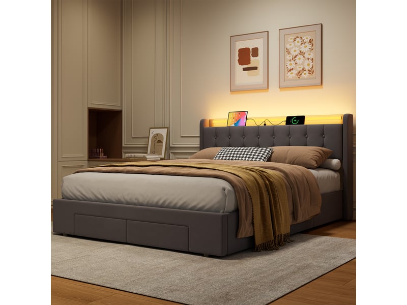  Lit 160x200 cm avec rangement, led et usb gris foncé  - Conforama E