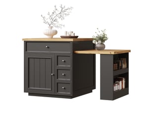 Îlot de cuisine extensible 120-184 cm, desserte à roulettes noire avec plateau aspect bois et tiroirs de rangement, mdf et métal.
