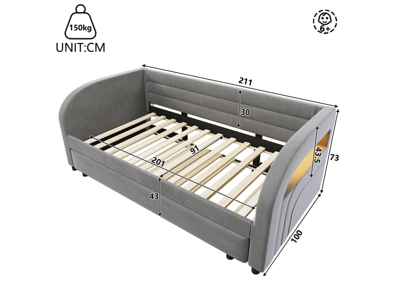  Lit plateforme 90x200 cm avec lit d'appoint et éclairage led intégré, gris  - Conforama E
