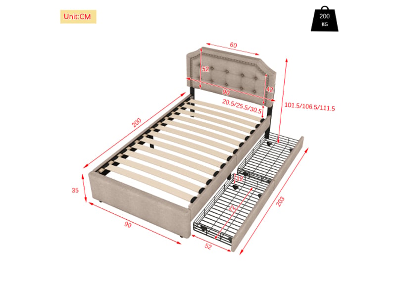  Lit 1 place 90x200cm, lit enfant, lit adulte avec 2 tiroirs de rangement et sommier, lin beige foncé, sans matelas  - Conforama D
