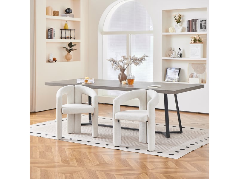  Lot de 2 chaises de salle à manger avec accoudoirs, dossier ergonomique enveloppant, assise rembourrée en chenille, charge 150 kg, beige  - Conforama D