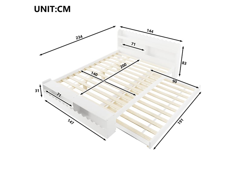 Lit gigogne, 140 x 200 cm, avec tête et pied de lit dotés d'espaces de rangement, et bande lumineuse led, blanc - Conforama C