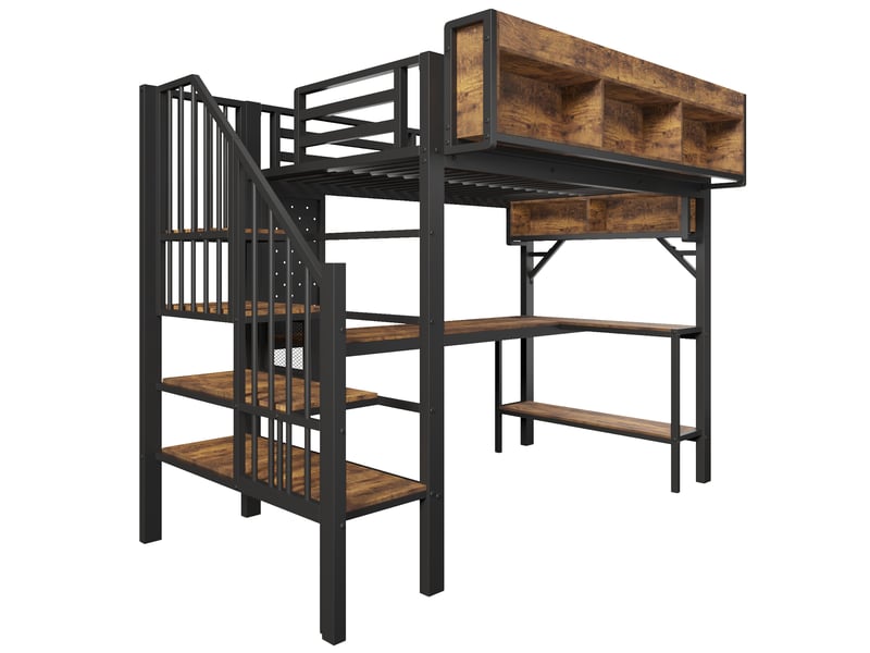 Lit mezzanine enfant 90x200 cm – marron vintage et noir – bureau d'angle, rangements – sans matelas - Conforama D