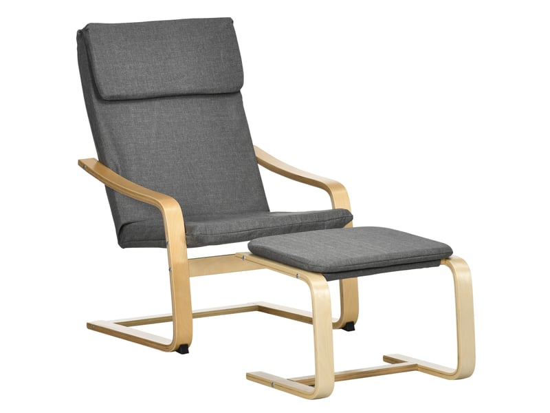  Fauteuil avec repose-pieds, ensemble fauteuil, aspect lin, bois massif, gris et naturel  - Conforama B