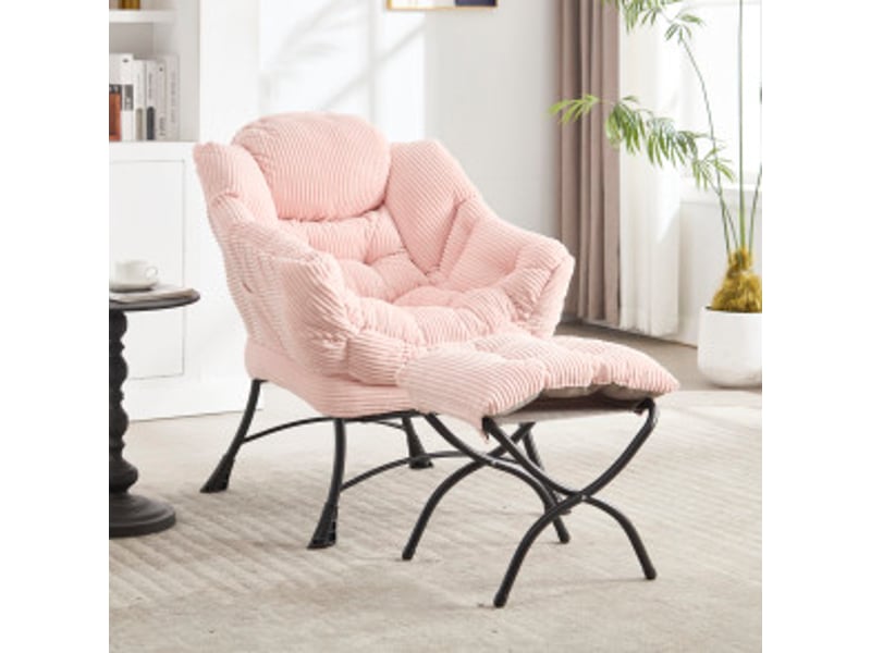  Fauteuil lounge avec repose-pieds rose, accoudoirs, poche latérale et structure en acier  - Conforama D