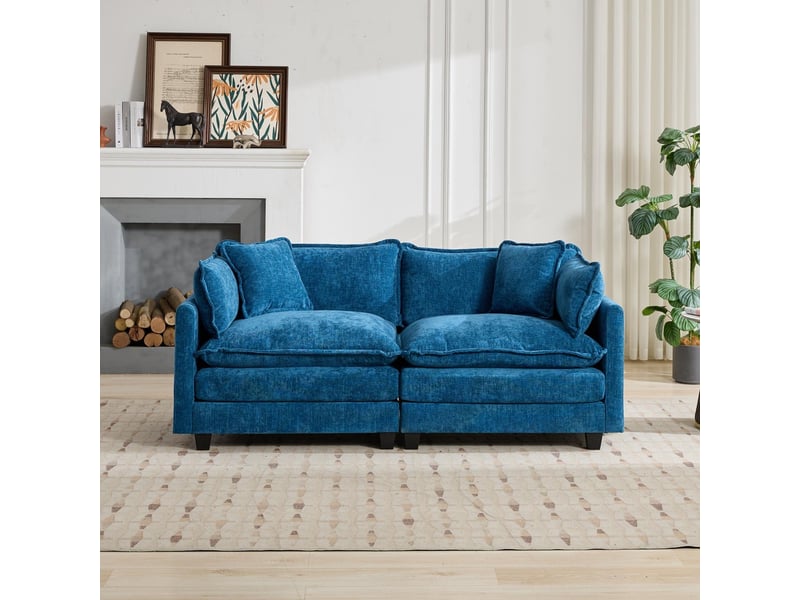  Canapé cloud loveseat moderne en tissu chenille bleu double coussin rembourré  - Conforama D