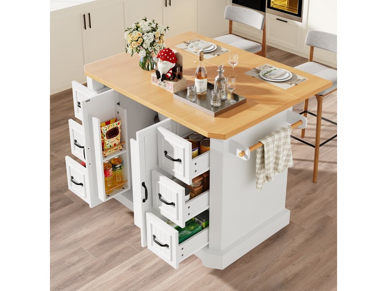  Desserte de cuisine mobile 120 x 45 x 91 cm, 2 portes, 6 tiroirs, blanche  - Conforama D