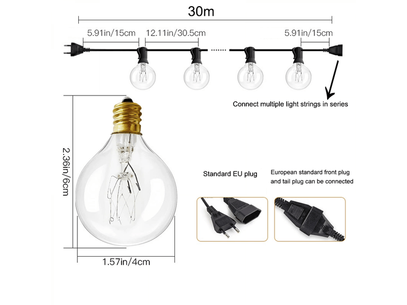 Guirlande lumineuse extérieure de 30 m, lumière de jardin, avec 50+4 ampoules en tungstène g40, guirlande lumineuse de noël, étanche ip44 - Conforama E