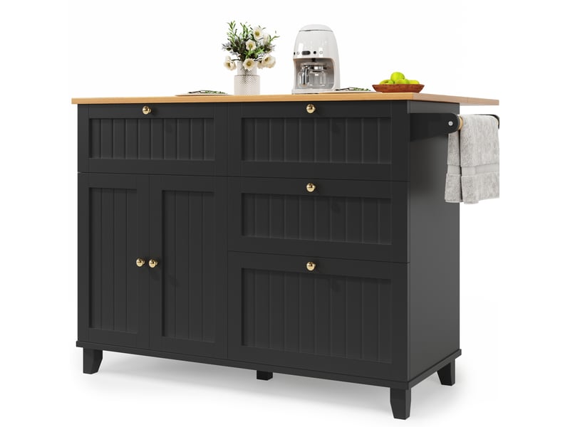  Desserte de cuisine 133 x 70 x 88 cm noire en mdf, à roulettes, plateau rabattable et rangement multiusage  - Conforama A