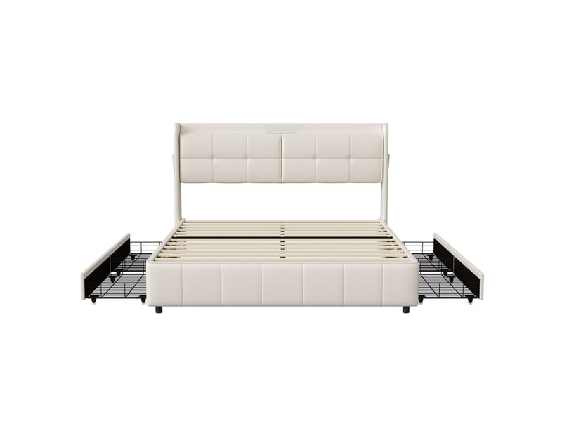 Lit 160x200 avec sommier et rangement,cadre de lit avec charge usb, lit double capitonné avec 4 tiroirs, facile à assembler, pu, sans matelas, blanc  - Conforama W