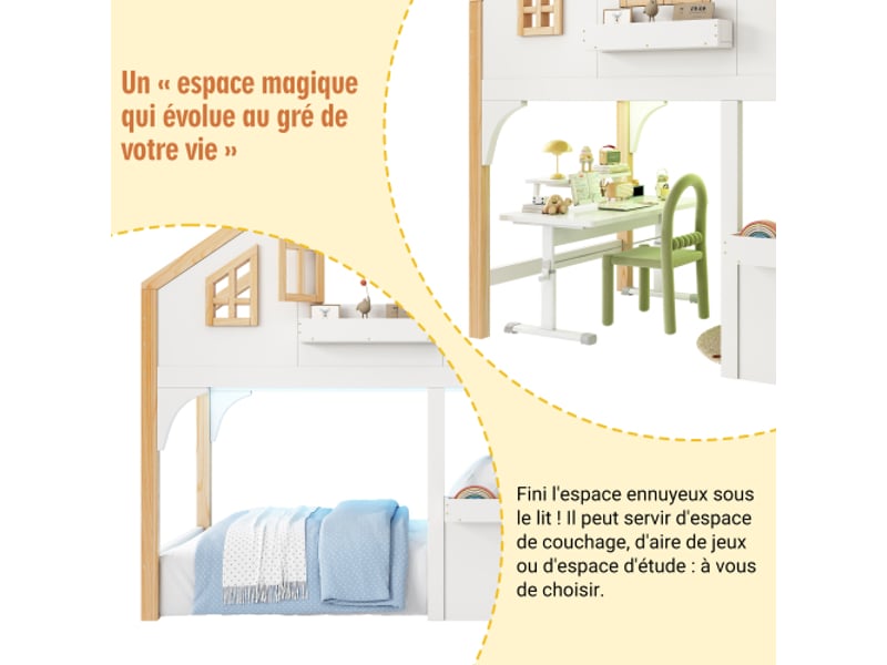 Lit superposé enfant 90×200cm, forme maison, led + escalier rangement, blancnaturel - Conforama E