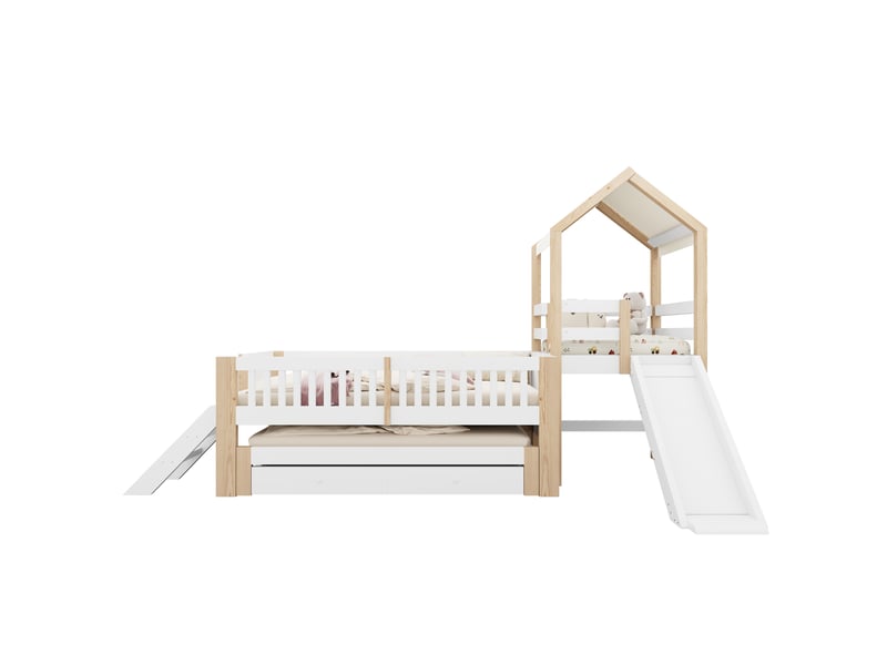  Lit enfant 90x200 avec lit gigogne 90x190 bois massif blanc et bois naturel toboggan escalier latéral et tiroirs Sol Morn - Conforama A