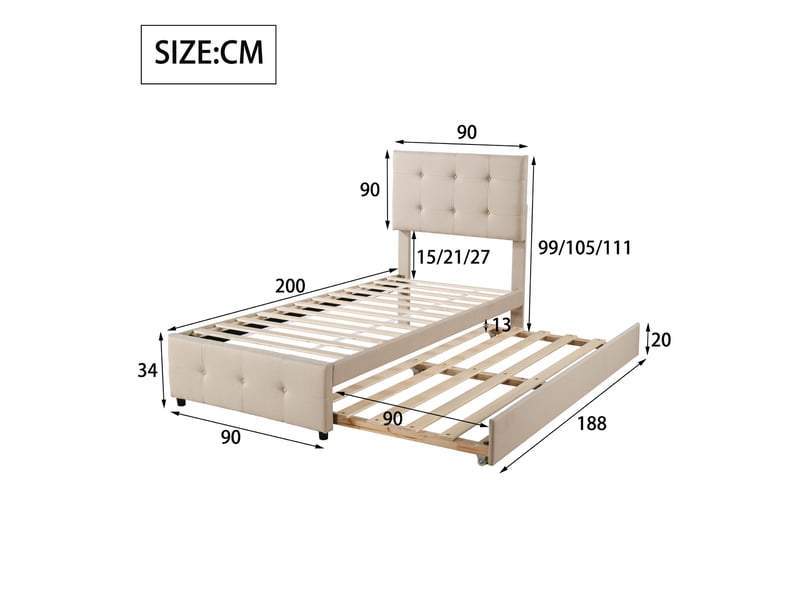  Lit gigogne 90x200 cm 2 en 1 avec tête boutonnée, lin, beige, sans matelas  - Conforama C