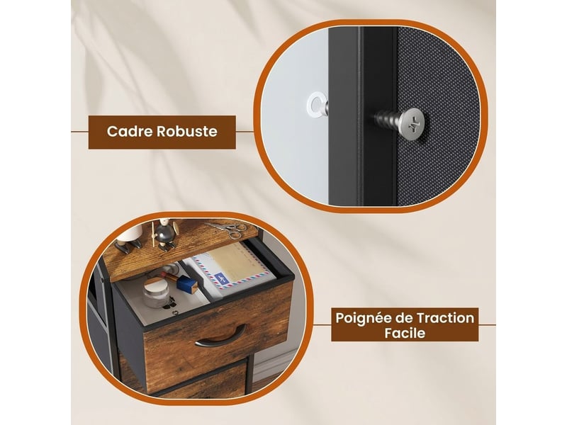  Chiffonnier meuble 43x30x98 cm quatre tiroirs tissu marron rustique et metal noir  - Conforama C