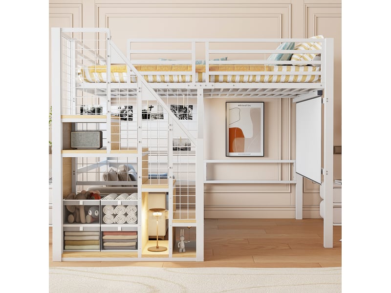  Lit mezzanine enfant 140 x 200 cm blanc avec escalier et rangement  - Conforama D
