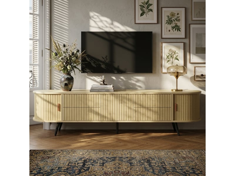  Meuble tv ovale effet bois 180 cm, 4 tiroirs, porte à lamelles, jusqu’à 80  - Conforama B