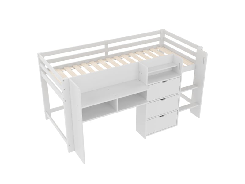 Lit mi-hauteur, 90 x 200 cm, forme maison, nombreux rangements, espace de jeu sous le lit, sans matelas, blanc - Conforama A