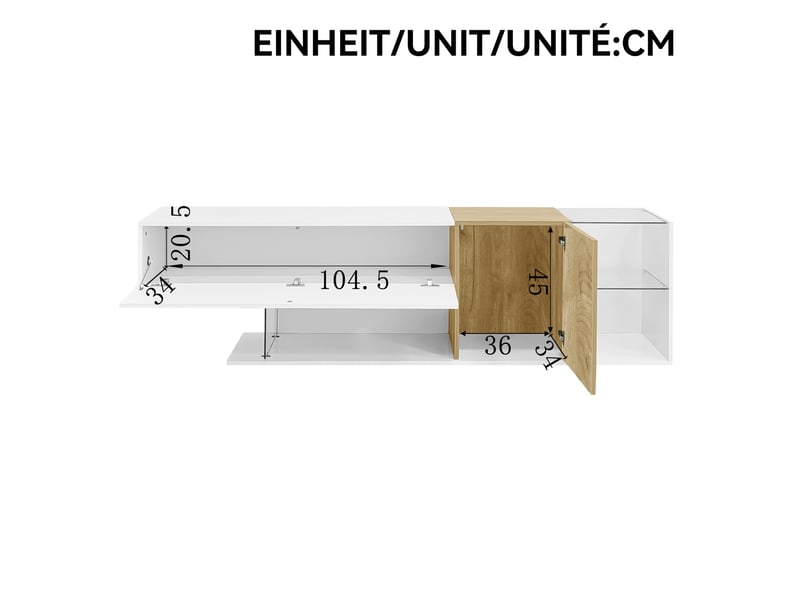  Meuble tv 180 cm avec étagères en verre, portes et effet bois, finition blanc brillant, aggloméré, meuble de salon  - Conforama D