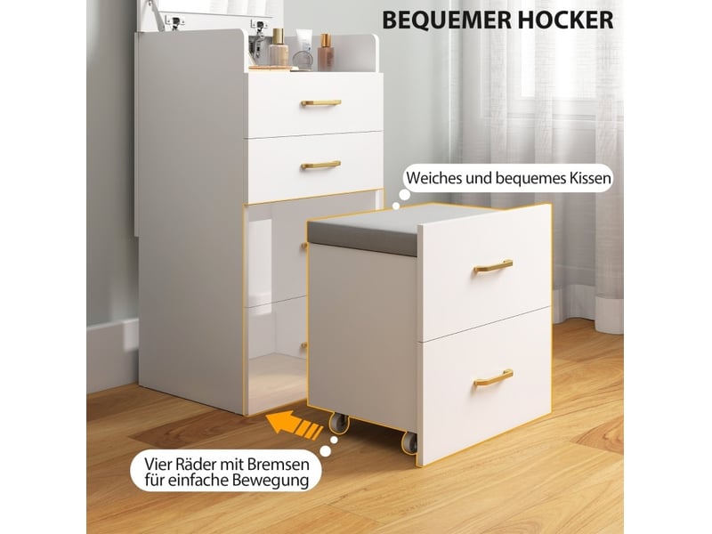  Coiffeuse 3 en 1 48 x 40 x 90 cm blanche en bois, miroir rabattable, tabouret à roulettes verrouillables  - Conforama E