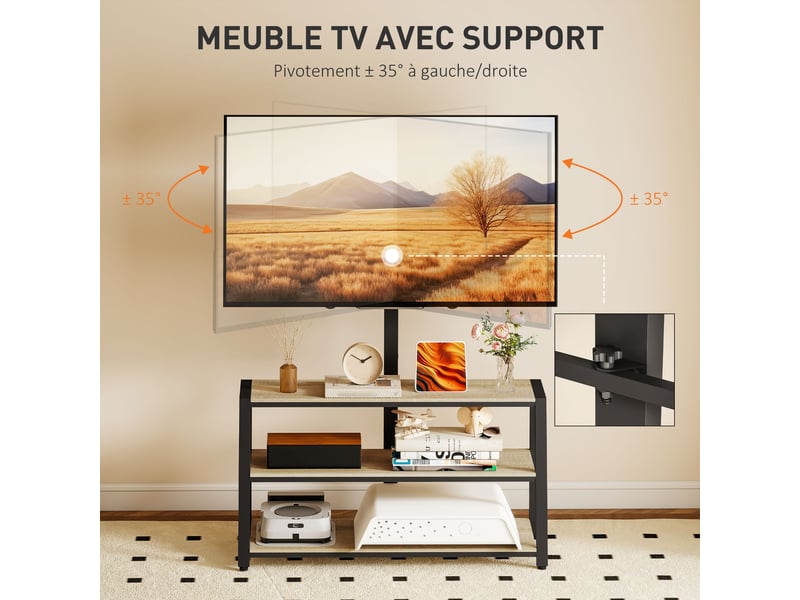 Meuble tv avec support pour téléviseurs de 32-70 pouces, étagères ouvertes, angle ajustable 35°, 108x41x135cm, effet bois naturel - Conforama D