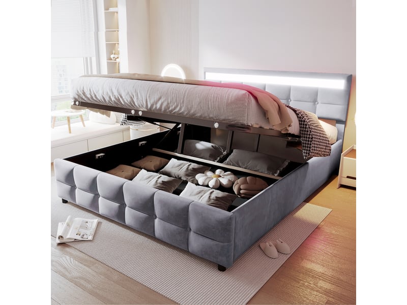 Lit coffre velours gris 180x200 cm avec led, sommier à lattes et ouverture hydraulique  - Conforama E