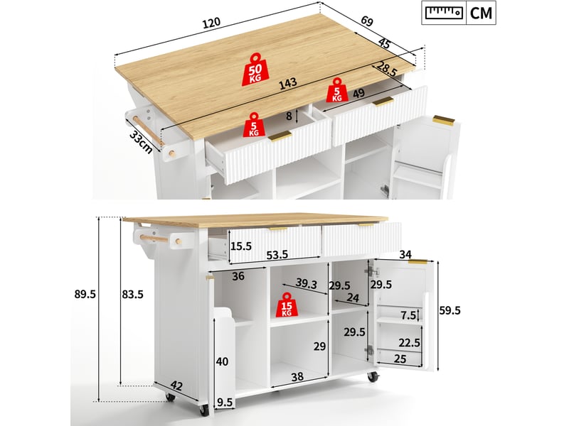 Desserte de cuisine 143 x 45 cm blanc et naturel en mdf, plan de travail rabattable sur roulettes - Conforama C