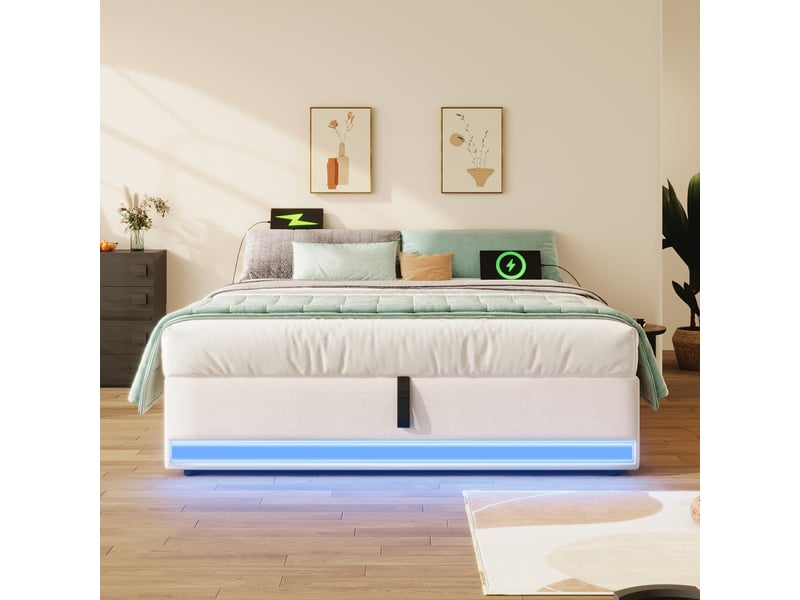  Lit coffre 90x200 cm - lit déco avec port usb et type-c - lin + mdf - sans matelas - beige  - Conforama D