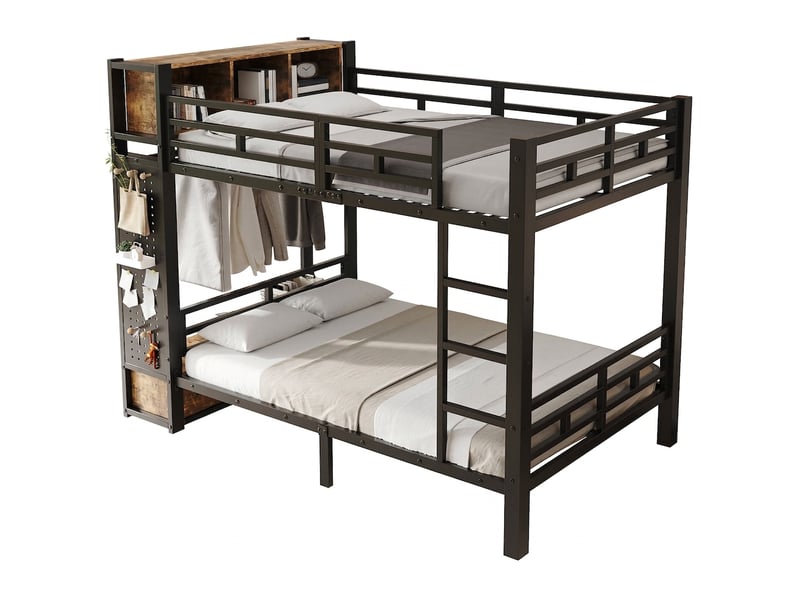  Lit superposé métal noir 120x200 avec rangement intégré, penderie et tiroir sans matelas  - Conforama A