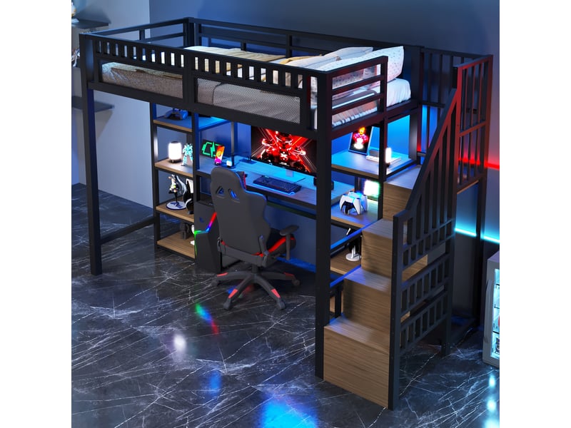  Lit mezzanine 90x200 cm coloris noir led métal lit enfant noir - Conforama E