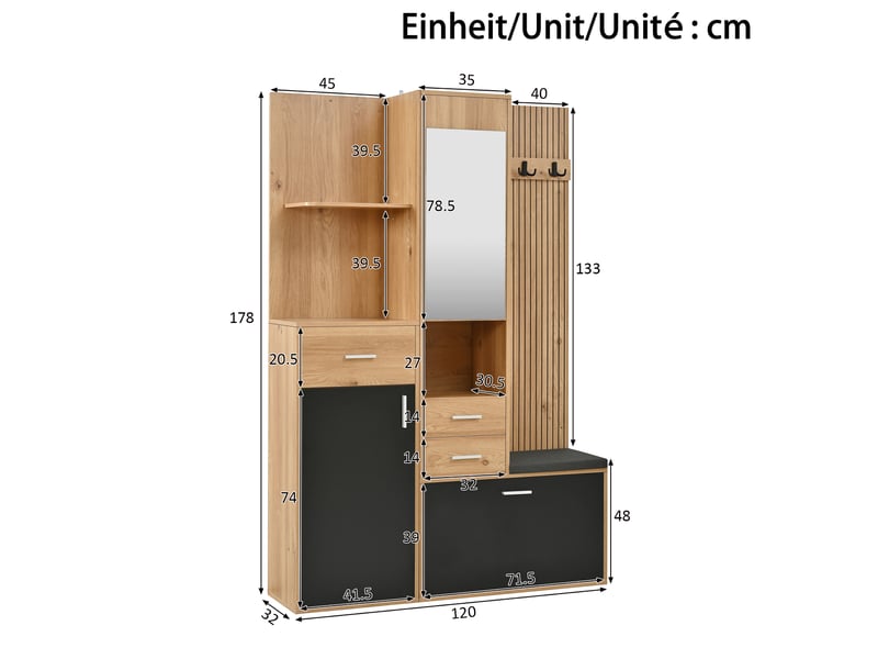  Meuble d'entrée avec miroir, banc, tiroirs, meuble à chaussures et led réglable, noir et naturel 120 × 32 × 178 cm  - Conforama C