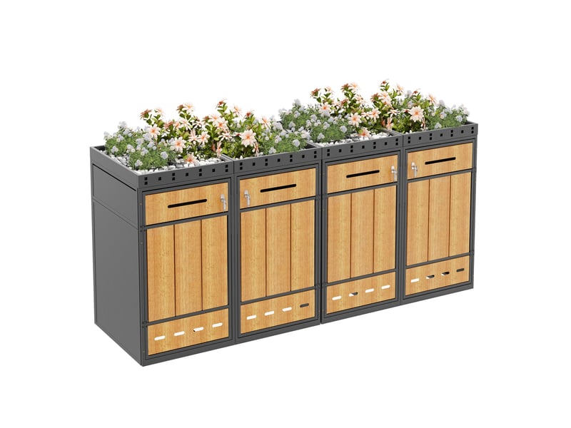  Coffre poubelle avec jardinière gris effet bois, 4 bacs 120-240 l, rangement extérieur  - Conforama D