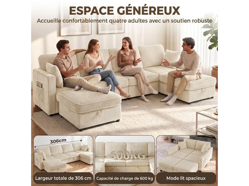  Canapé 4 places avec 2 poufs de rangement, canapé d'angle modulable en u 306 cm en velours côtelé, 4 coussins, crème  - Conforama D
