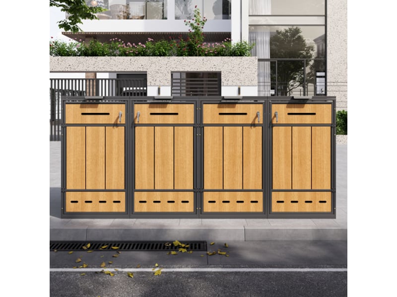 Cache-poubelles extérieur 4 bacs 120 à 240 l en acier gris et effet bois, couvercle relevable, portes avant, ventilé  - Conforama D