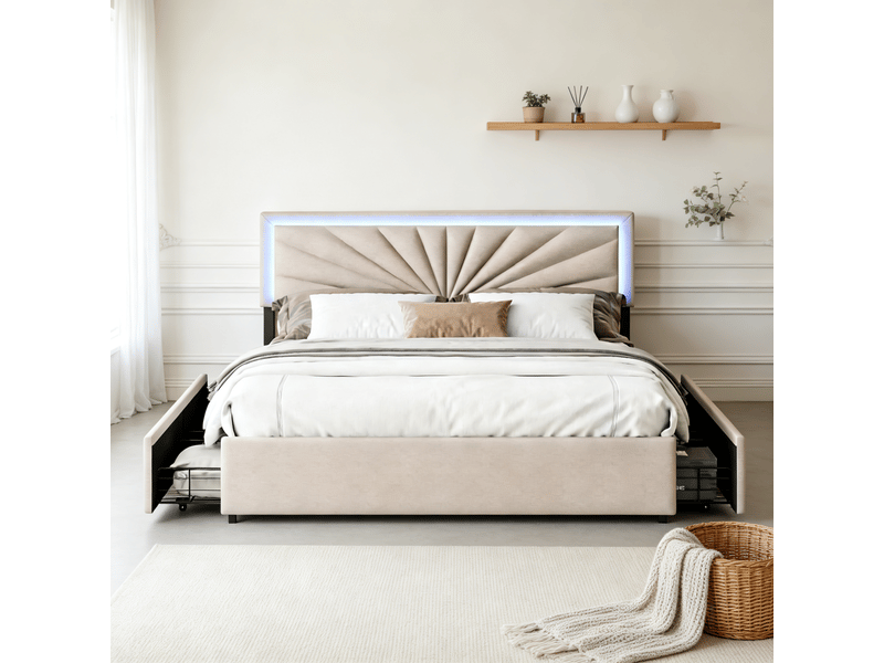 Lit double 160x200 cm avec rangement - 4 tiroirs, éclairage led, tête de lit réglable, sommier à lattes, lin beige, 300 kg - Conforama C