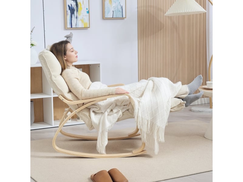  Fauteuil à bascule blanc crème, fauteuil de relaxation aspect lin avec repose-pieds réglable, cadre en bois, 67x106-123x92 cm  - Conforama E