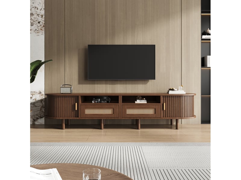  Meuble tv ovale meuble tele bas avec 2 tiroirs, 2 portes coulissantes, rangement mdf décor bois foncé, 170x40x40 cm  - Conforama W