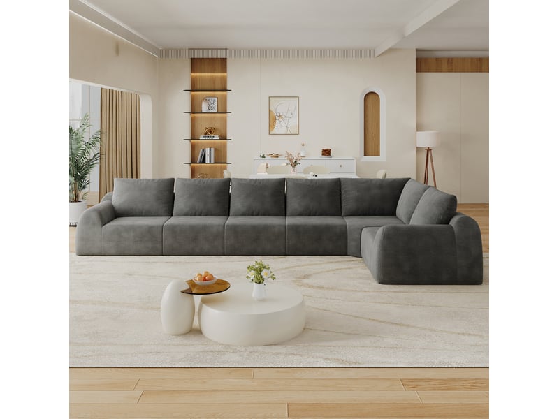  Canapé d'angle modenvie 6 places 401 x 200 x 85 cm en chenille gris foncé mousse haute élasticité  - Conforama B