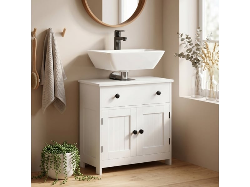  Meuble sous lavabo blanc moderne avec 1 tiroir, 2 portes et charnières à fermeture douce, indépendant  - Conforama B
