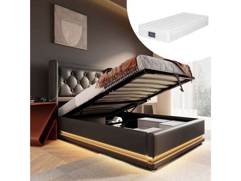  Lit 1 personne 90x200 cm avec matelas, tête de lit rembourrée avec recharge usb, lit simple led, noir  - Conforama A